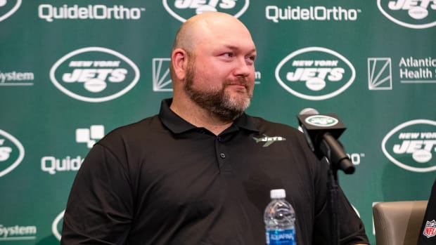Jets general manager Joe Douglas at Aaron Rodgers' introductory presser
